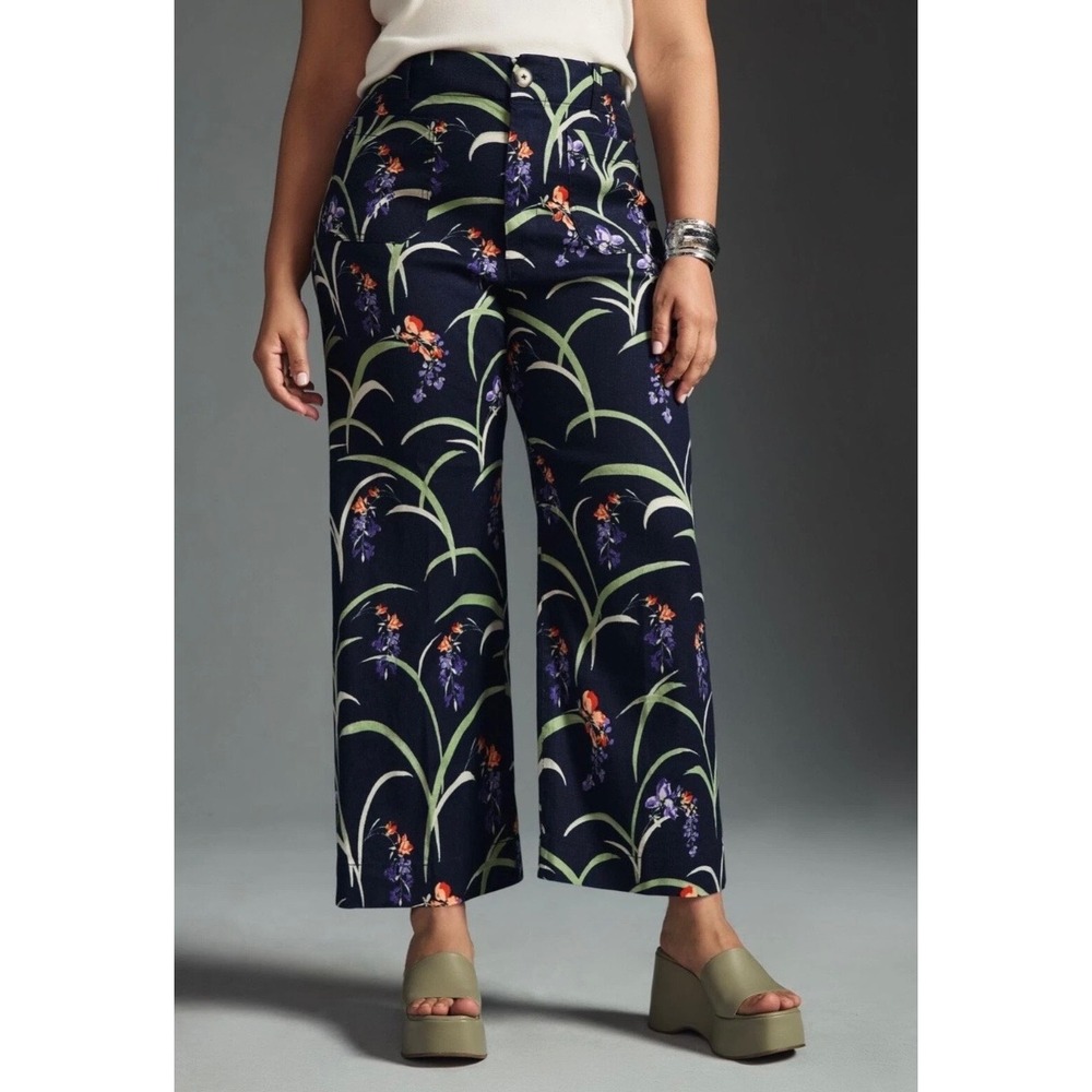 Maeve Anthropologie The Colette Cropped Wide Leg Pants Navy Floral 31 Tall